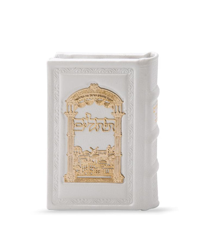 Small Leather Tehillim With gold plague-arch white